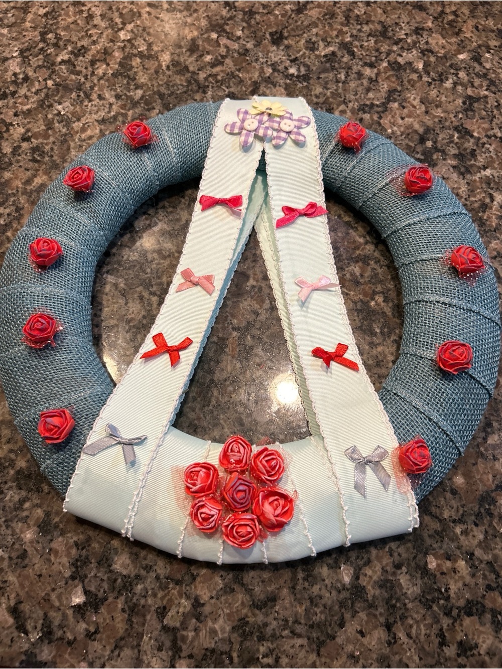 Beautiful Hand Crafted Blue and Red Year Round Burlap Wreath